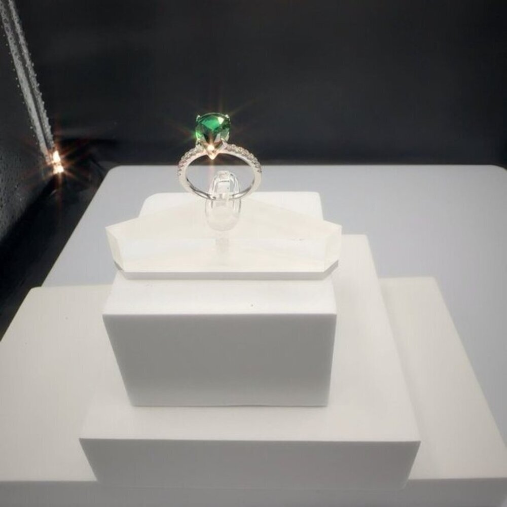 Sterling Silver Ring With Pear-Cut Green Gemstone & Pave Accent Stones Size 7 - Picture 5 of 9